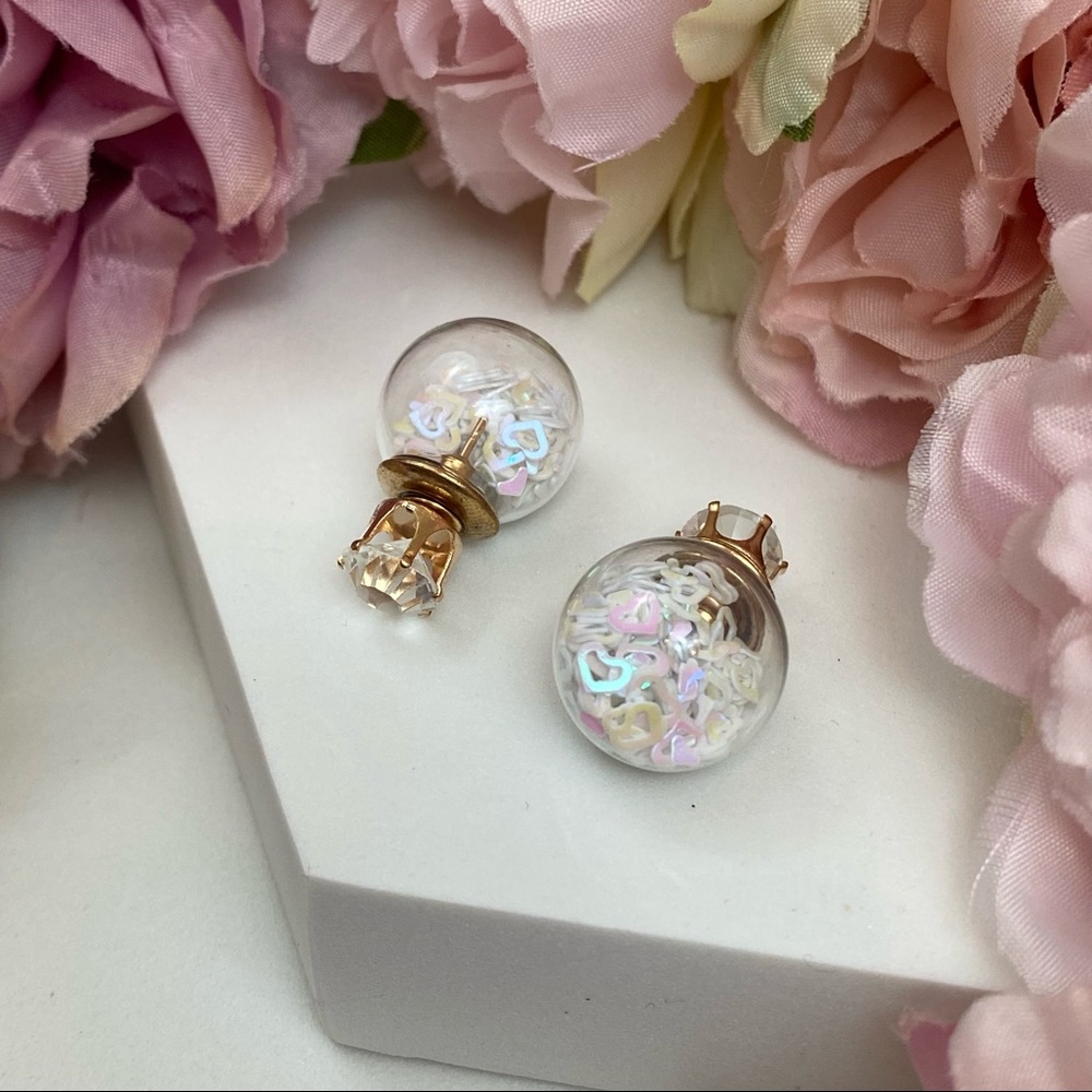 Double Stud Iridescent Heart Confetti Earrings - Picture 4 of 16